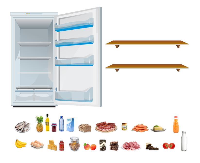 Leerer offener Kühlschrank und Lebensmittel darunter zum Einsortieren