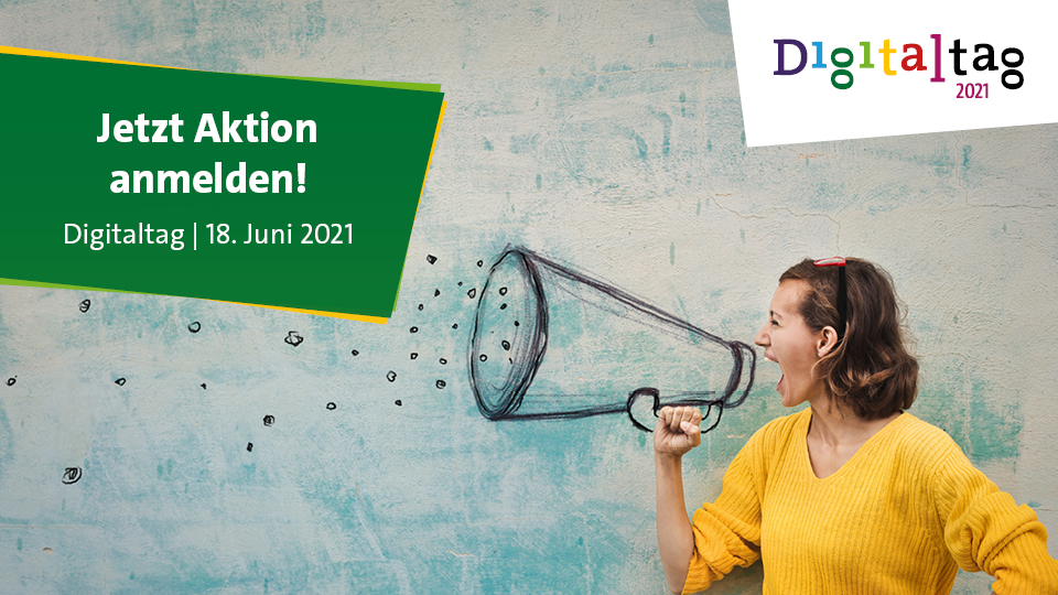 Digitalisierung gemeinsam gestalten, Digitaltag 18.6.21, Frau mit Megfon